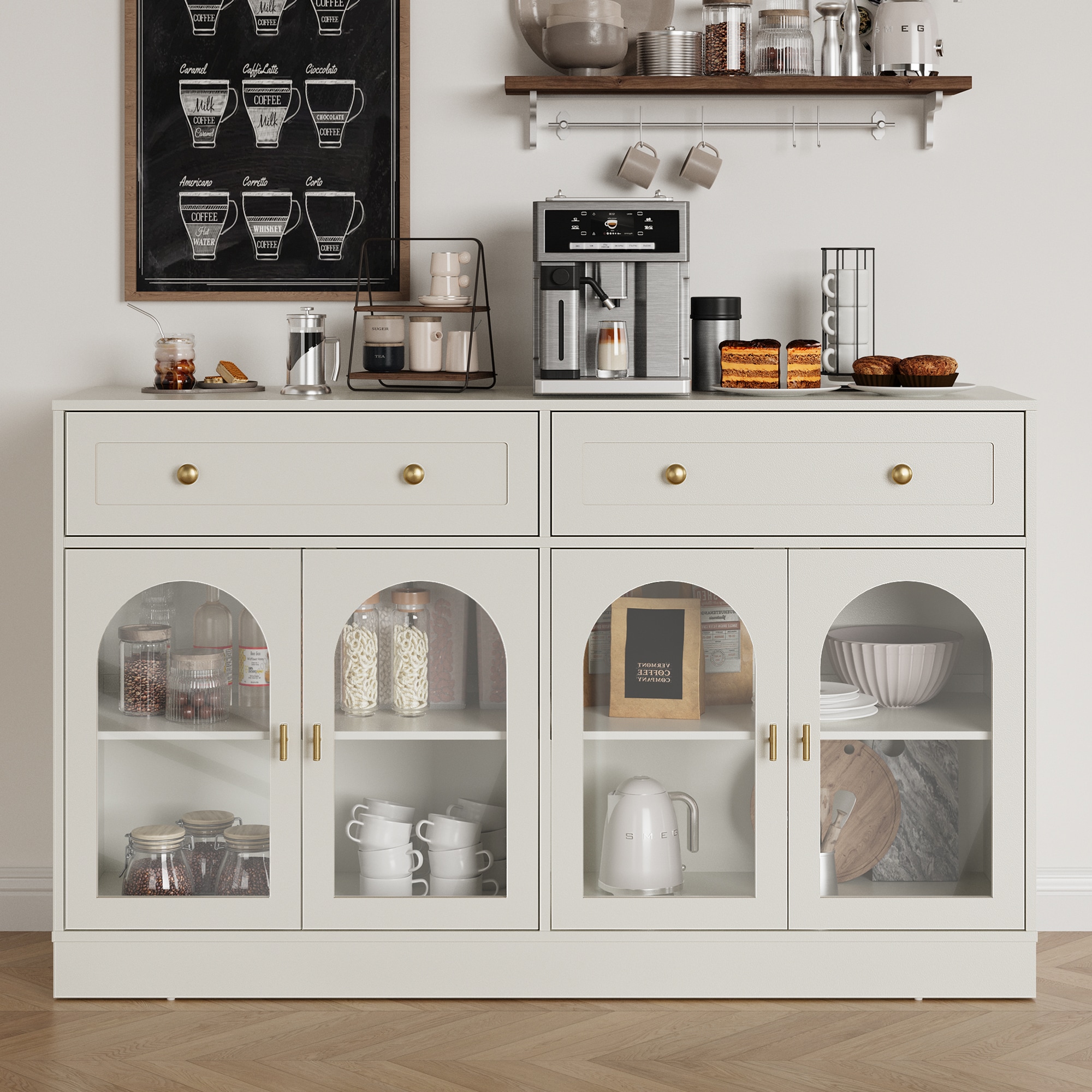 Sideboard Buffet Cabinet With Storage, Buffet Cabinet With Adjustable Shelves & 4 Doors, Kitchen Storage Cabinets With 2 Drawers, Wood Coffee Bar Table For Living Room, Dining Room, White_voghion.com